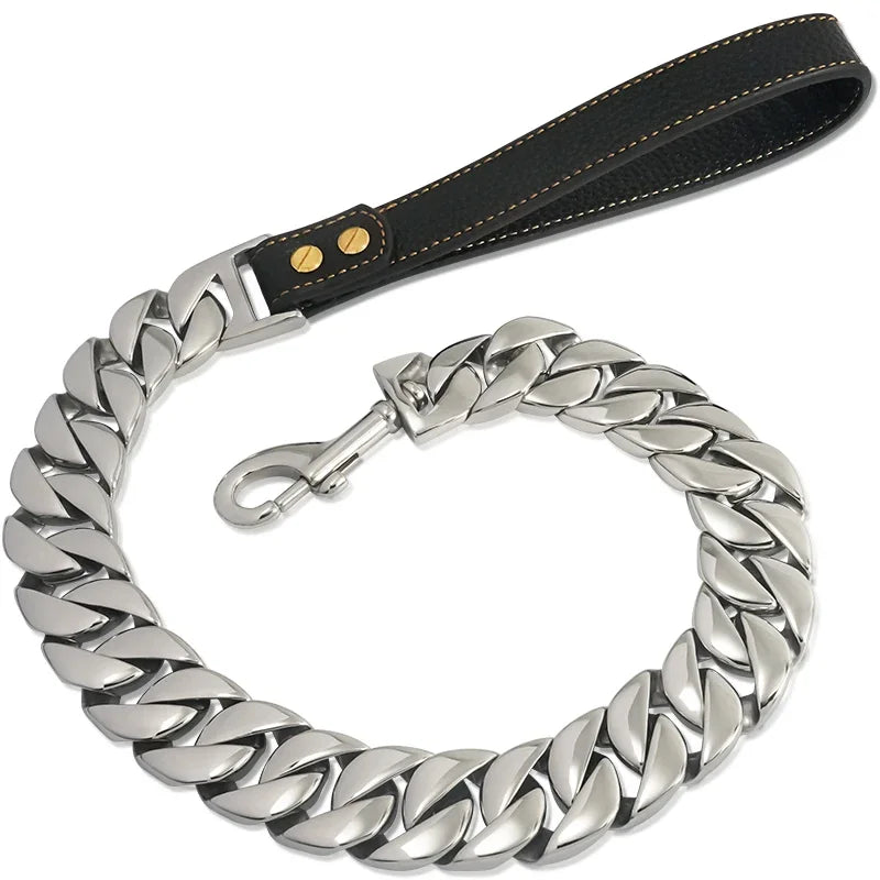 Heavy Duty Dog Chain Leash Stainless Steel Cuban Link Gold, 32mm Dog Collar Leash