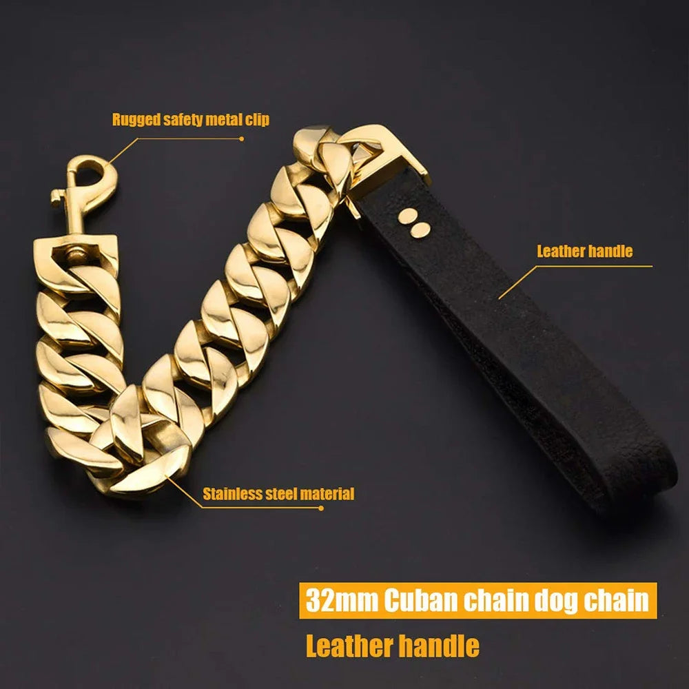 Heavy Duty Dog Chain Leash Stainless Steel Cuban Link Gold, 32mm Dog Collar Leash