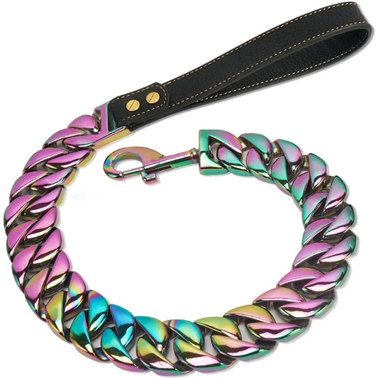 Heavy Duty Dog Chain Leash Stainless Steel Cuban Link Gold， 32mm Dog Collar Leash