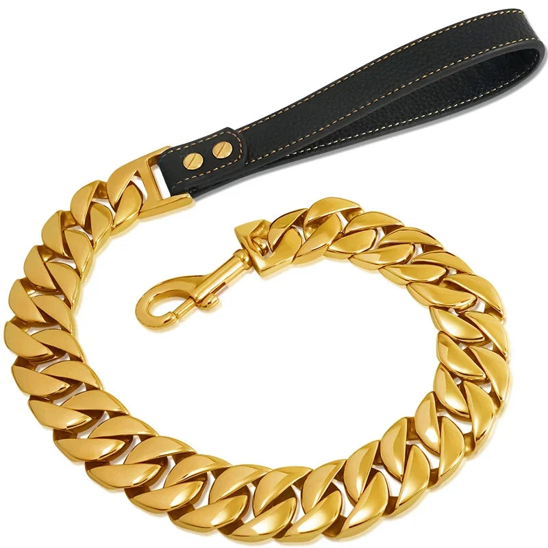 Heavy Duty Dog Chain Leash Stainless Steel Cuban Link Gold， 32mm Dog Collar Leash