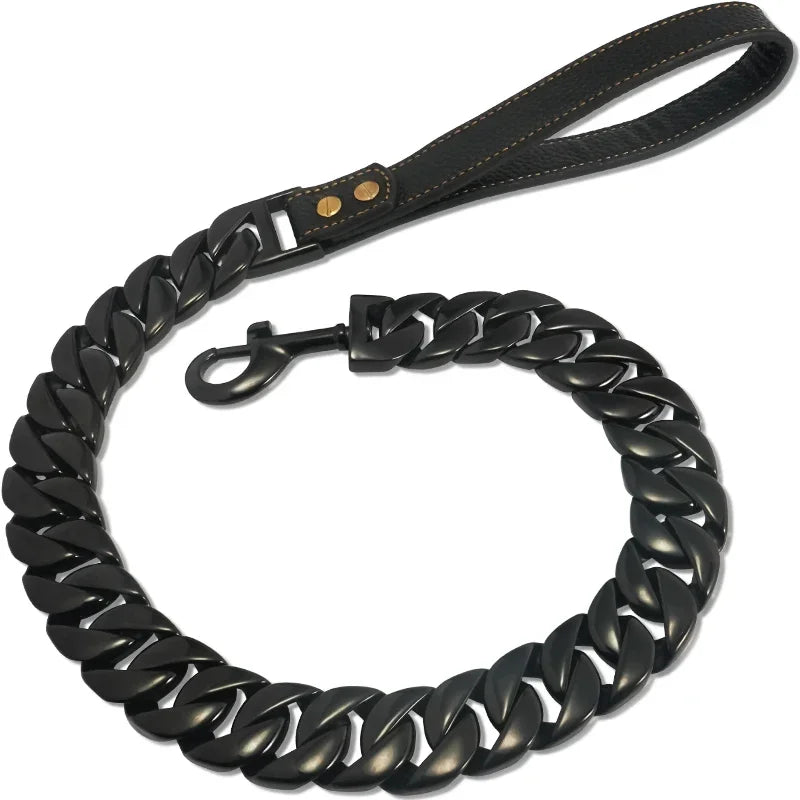 Heavy Duty Dog Chain Leash Stainless Steel Cuban Link Gold， 32mm Dog Collar Leash