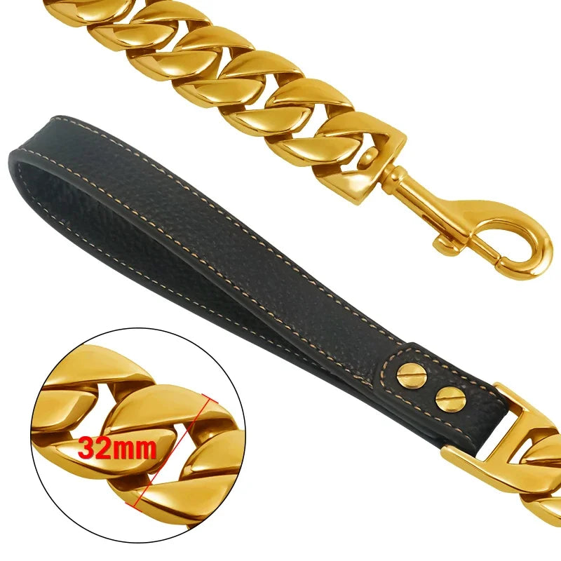 Heavy Duty Dog Chain Leash Stainless Steel Cuban Link Gold， 32mm Dog Collar Leash