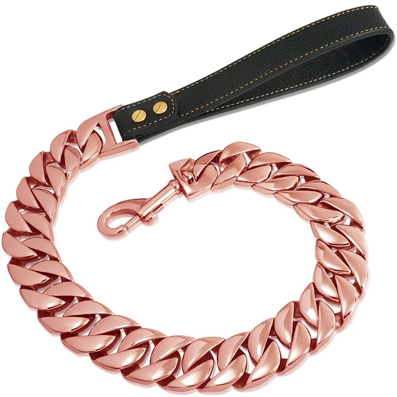Heavy Duty Dog Chain Leash Stainless Steel Cuban Link Gold， 32mm Dog Collar Leash